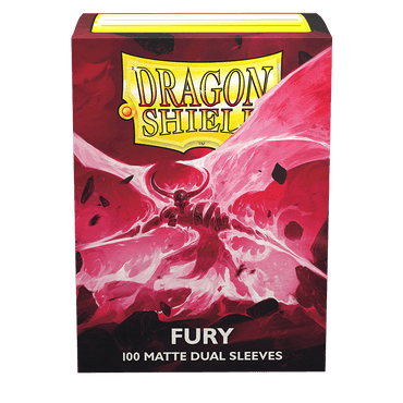 A box of Arcane Tinmen Dragon Shield: Standard 100ct Sleeves - Fury (Dual Matte) is shown. The box is labeled "FURY" and contains 100 matte dual card sleeves. The packaging features a red and pink dragon illustration with large wings and the Dragon Shield logo in yellow at the top, perfect for TCGs enthusiasts.