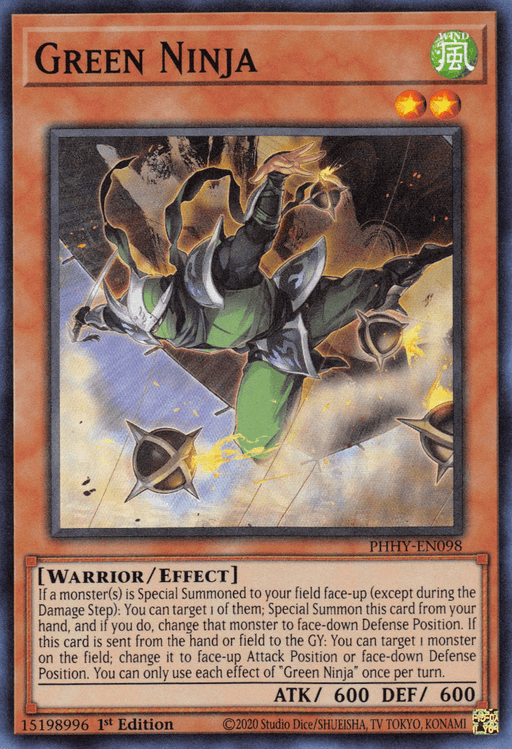 A Yu-Gi-Oh! trading card named Green Ninja [PHHY-EN098] Super Rare from Photon Hypernova. This Level 2 Effect Monster features a green-armored ninja mid-leap, set against a background of swirling skies and stars. With WIND attribute, Warrior/Effect type, ATK 600, and DEF 600, its card text details special summon abilities (ID: PHHY-EN098).