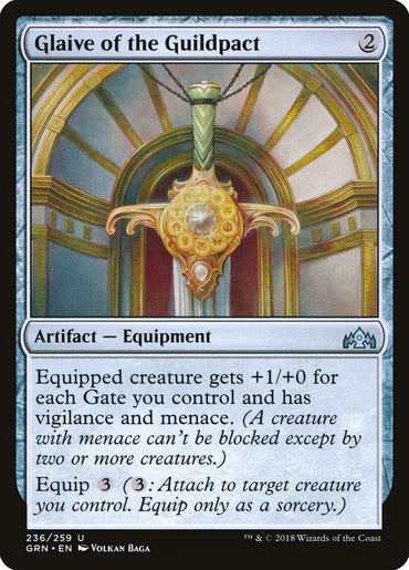 The image features the Magic: The Gathering card "Glaive of the Guildpact [Guilds of Ravnica]," an Artifact Equipment from the Guilds of Ravnica set. The card's text details the abilities this equipment bestows upon a creature. The artwork depicts an ornate glaive adorned with jewels, suspended in front of an archway and circular window.