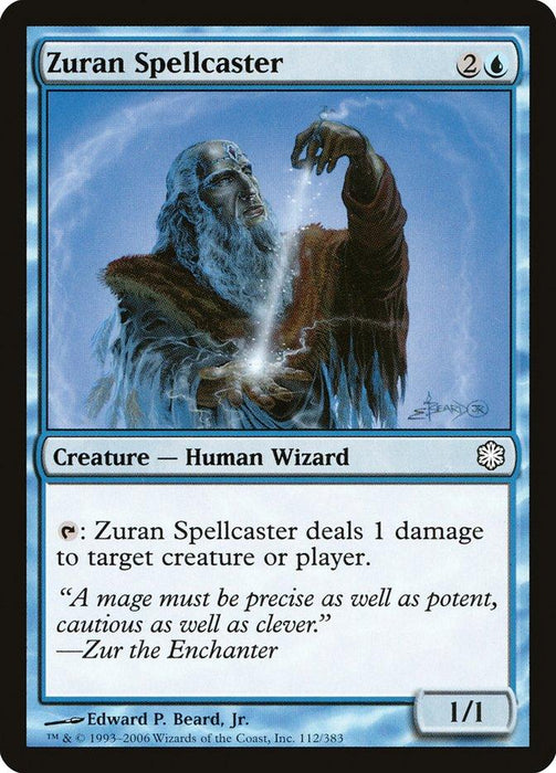 An image of the Magic: The Gathering product, Zuran Spellcaster [Coldsnap Theme Decks]. The card depicts an elderly bearded wizard casting a spell with glowing sparkles in his hand. It features blue mana cost, spell ability details, and 1/1 stats. Illustrated by Edward P. Beard, Jr., it's part of the Coldsnap Theme Decks.