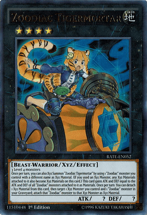 A Yu-Gi-Oh! trading card titled "Zoodiac Tigermortar [RATE-EN052] Ultra Rare" from the Raging Tempest set. The card features a detailed illustration of an anthropomorphic tiger warrior wielding a large mortar weapon. With gold stars and descriptions of its abilities and stats, it also includes the card's unique code and edition information.