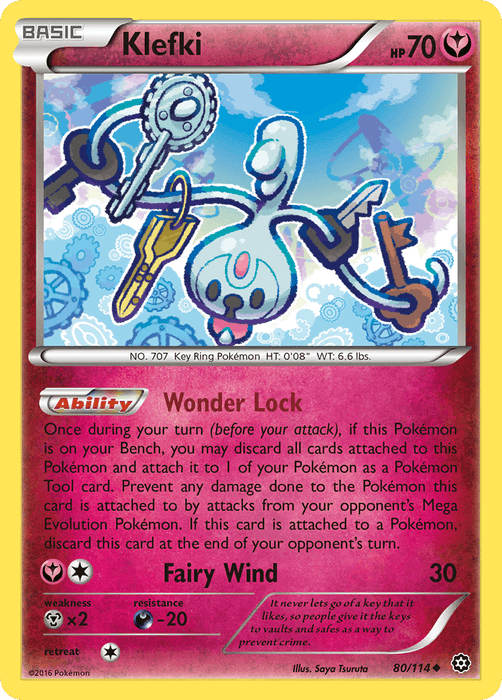 The image is of a Pokémon Klefki (80/114) [XY: Steam Siege] trading card from the XY: Steam Siege series, featuring Klefki, a small keyring-shaped Fairy-type Pokémon. The card is primarily red and yellow. Klefki is depicted holding various keys and showcases its abilities, hit points, attack options, game mechanics, and artwork.