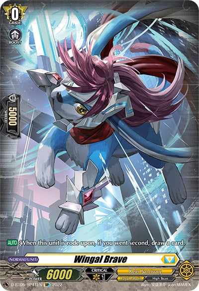 The Wingal Brave (D-BT05/SP41EN) card from the "Cardfight!! Vanguard" game by Bushiroad is depicted, showcasing an armored canine with pink hair, wearing a red scarf, and leaping in an urban landscape. This Royal Paladin card features stats of Grade 0, Power 6000, and includes a skill text box that mentions a drawing card ability if the player goes second. The card is part of the "Triumphant Return of the Brave Heroes" set.