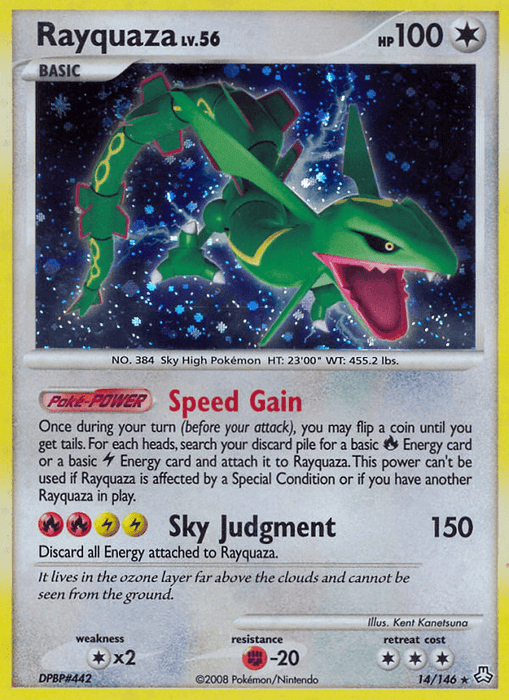 The Rayquaza (14/146) card from the Diamond & Pearl: Legends Awakened series by Pokémon features a green dragon-like creature with red-tipped wings and yellow markings. This Holo Rare card displays Rayquaza flying through a sky filled with stars and clouds, highlighting its abilities, "Speed Gain" and "Sky Judgment," with an HP of 100 and energy requirement symbols at the bottom.