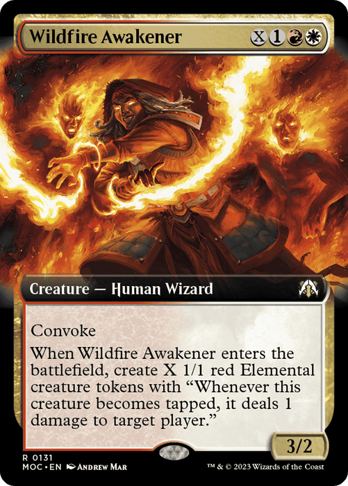 The image showcases a Magic: The Gathering card named "Wildfire Awakener (Extended Art) [March of the Machine Commander]." The card features a human wizard surrounded by swirling flames, conjuring elemental creature tokens. With the Convoke ability, it creates red elemental tokens that deal 1 damage when tapped. This fiery 3/2 creature is powerful on the battlefield.