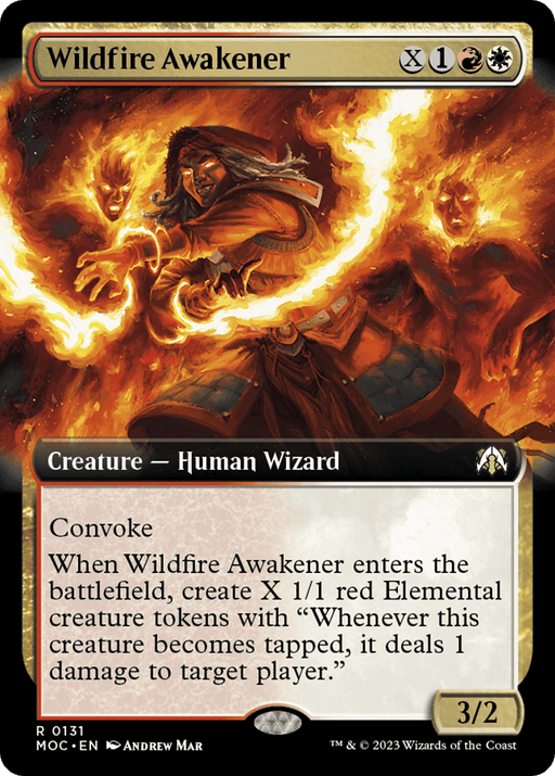 The image showcases a Magic: The Gathering card named "Wildfire Awakener (Extended Art) [March of the Machine Commander]." The card features a human wizard surrounded by swirling flames, conjuring elemental creature tokens. With the Convoke ability, it creates red elemental tokens that deal 1 damage when tapped. This fiery 3/2 creature is powerful on the battlefield.