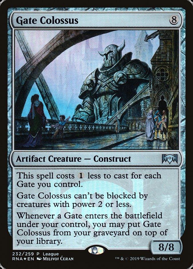 Gate Colossus (League) [Ravnica Allegiance Promos]" is an Artifact Creature from Magic: The Gathering with a casting cost of 8 colorless mana. This giant armored statue features an impressive 8/8 power and toughness, becomes cheaper to cast, cannot be blocked by creatures with low power, and can return from the graveyard when a Gate enters play.