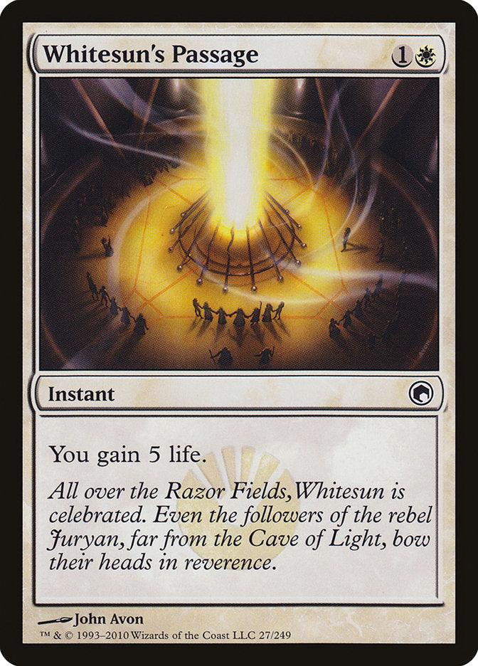 A Magic: The Gathering card titled "Whitesun's Passage [Scars of Mirrodin]" from the Scars of Mirrodin set. The artwork depicts a radiant beam of light from the sky illuminating a group of kneeling figures in a circular formation. This Instant spell costs one white and one generic mana, allowing the player to gain 5 life.