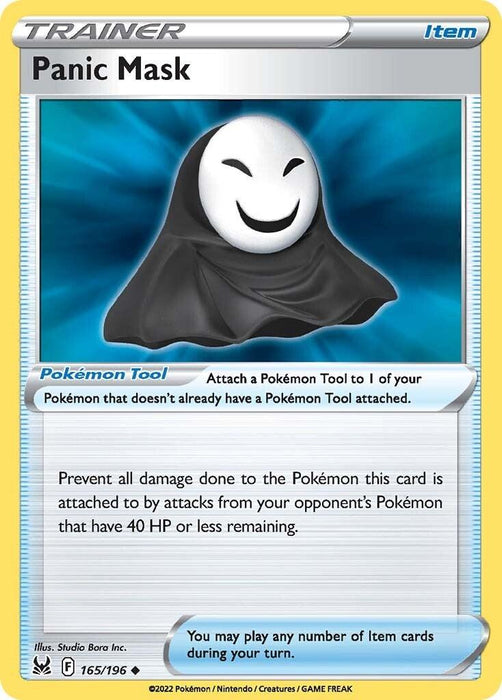 The image is a Pokémon Trading Card named "Panic Mask (165/196) [Sword & Shield: Lost Origin]" from the Lost Origin series. It depicts a black hooded mask with a wide, mischievous grin on a white face. The card, bordered in yellow, is labeled as an "Uncommon Trainer Item." Descriptions indicate it prevents damage from Pokémon with 40 HP or less.