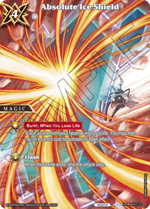 A trading card named "Absolute Ice Shield (SPR) (BSS01-127) [Dawn of History]" by Bandai depicts a vibrant, dynamic clash of blue and red energy beams with streaks of yellow and bright light. The Special Rare card includes text detailing the effects: "Burst: When You Lose Life" and "Flash" abilities.