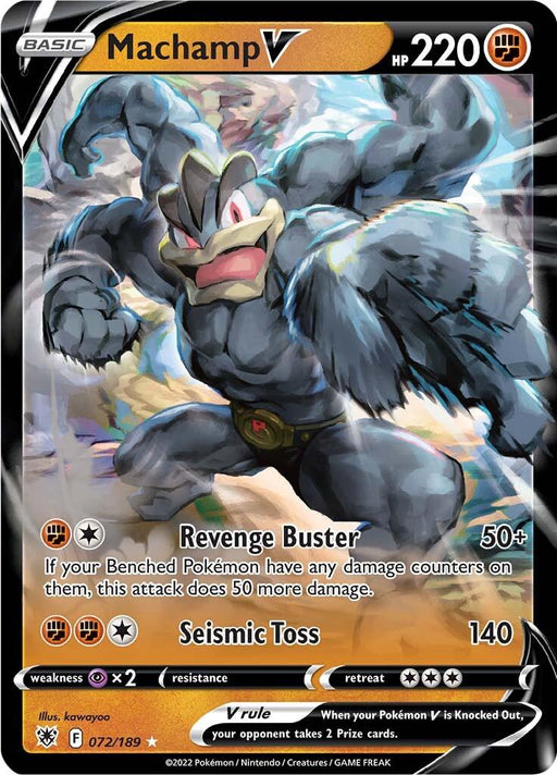 This Ultra Rare **Machamp V (072/189) [Sword & Shield: Astral Radiance]** from **Pokémon** depicts Machamp V. The artwork showcases a muscular, four-armed Machamp flexing aggressively amidst a rocky, dynamic background. With 220 HP, it features two powerful attacks: "Revenge Buster" and "Seismic Toss." Art by kawayo-o.