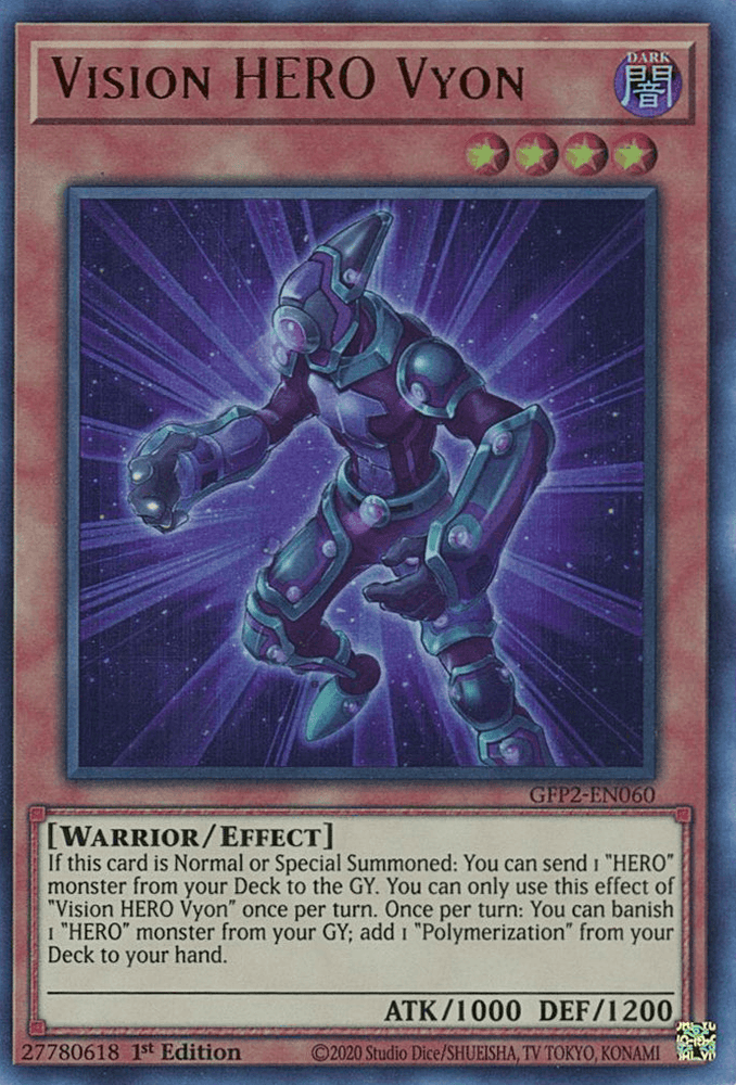 A Vision HERO Vyon [GFP2-EN060] Ultra Rare Yu-Gi-Oh! trading card. This Ghosts From the Past edition features a Dark Warrior/Effect monster with 1000 ATK and 1200 DEF. The illustration shows a robotic figure in purple armor surrounded by a blue aura. Card ID: 27780618, GFP2-EN060, 1st Edition.