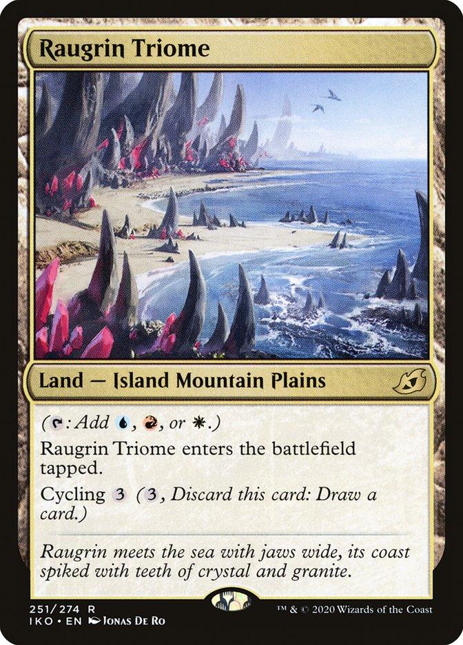 The Magic: The Gathering card "Raugrin Triome [Ikoria: Lair of Behemoths]" features art depicting a rocky coastline with jagged crystals and mountains. This rare land card enters the battlefield tapped and can produce red, white, or blue mana. It also has "Cycling 3" to draw a card and is listed as card number 251/274.