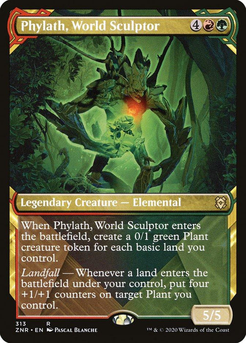 A Magic: The Gathering card from Zendikar Rising titled "Phylath, World Sculptor (Showcase) [Zendikar Rising]." This Legendary Creature features an illustration of a massive elemental made of rock and plants. With a mana cost of 4RG, its abilities focus on Landfall, creating plant creature tokens, and placing +1/+1 counters.