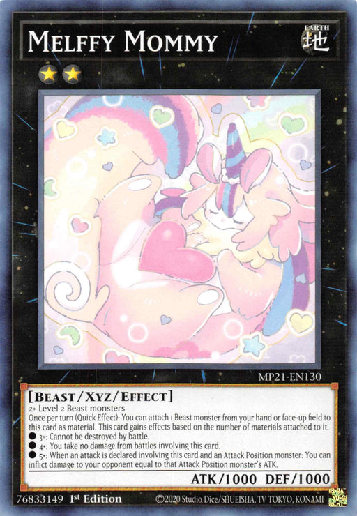 A Yu-Gi-Oh! trading card named "Melffy Mommy [MP21-EN130] Common" from the 2021 Tin of Ancient Battles. The card art features a large, fluffy creature in pastel colors with two long ears and a ribbon, surrounded by hearts and stars. This Beast/Xyz/Effect monster has 1000 ATK and DEF, with its abilities detailed in the card text.