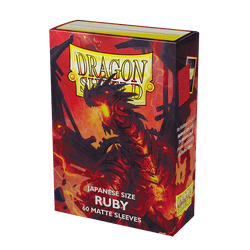 A box of Dragon Shield: Japanese Size 60ct Sleeves - Ruby (Matte), produced by Arcane Tinmen. The box showcases a fiery red and orange dragon on the front, accompanied by the text "Ruby" and "60 Matte Sleeves". The background illustrates flames, with product details provided in white text along the sides of the box.