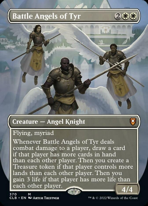 The image is of a Magic: The Gathering card, "Battle Angels of Tyr (Borderless Alternate Art) [Commander Legends: Battle for Baldur's Gate]," a Mythic Creature from Commander Legends. It is a Creature - Angel Knight with 4/4 power and toughness, flying, myriad, and abilities that trigger when it deals combat damage. The artwork showcases armored angels with swords and white wings.