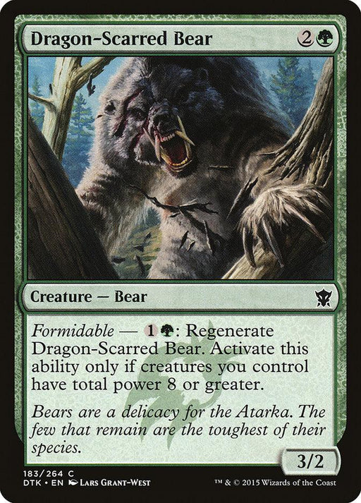 A Magic: The Gathering product titled Dragon-Scarred Bear [Dragons of Tarkir] from the Dragons of Tarkir set. It depicts an enraged bear with scars, roaring in a forest. The card costs 2 colorless and 1 green mana, has a power of 3 and a toughness of 2. It has the abilities Formidable and Regenerate, costing 1 colorless and 1.