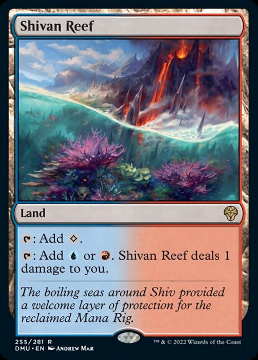 A Magic: The Gathering card titled "Shivan Reef [Dominaria United]." The artwork depicts a fiery volcanic island with lava flowing into the sea, surrounded by churning water and vibrant coral reefs. Part of the "Dominaria United" set, it features both text and mana symbols for its abilities.