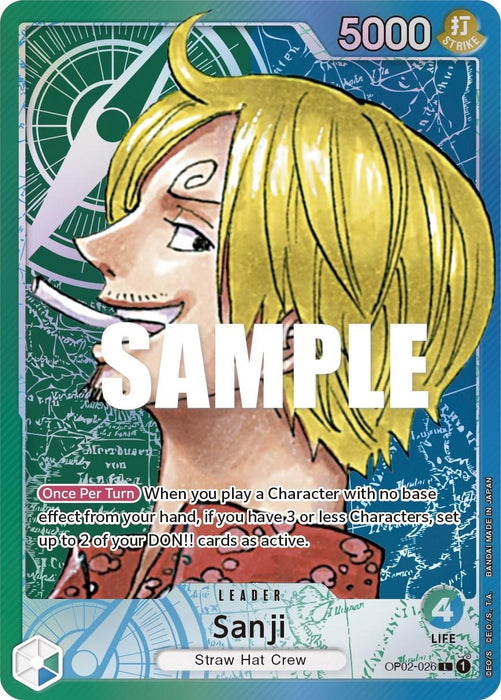 A colorful trading card featuring Sanji from the "Straw Hat Crew." Sanji, with his yellow hair, goatee, and distinctive swirl eyebrow, smiles with his eyes closed. This Leader Card highlights his impressive 5000 Power and abilities in red and white text against a predominantly green background. The product is Bandai's Sanji (Alternate Art) [Paramount War].
