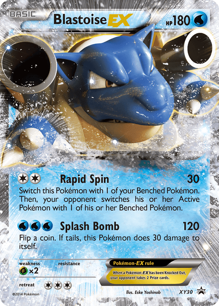 This Pokémon card, titled Blastoise EX (XY30) from the XY: Black Star Promos series, showcases a large blue turtle adorned with shell cannons amid dynamic water splashes. With impressive detailing of HP 180 and signature moves like Rapid Spin and Splash Bomb, it features artwork by Eske Yoshinob.