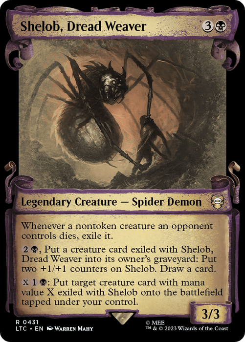 A card from Magic: The Gathering titled "Shelob, Dread Weaver [The Lord of the Rings: Tales of Middle-Earth Commander Showcase Scrolls]." It depicts a large, menacing spider with skeletal limbs and glowing eyes. With a cost of 3B, this legendary 3/3 Spider Demon has multiple abilities and is illustrated by Warren Mahy.