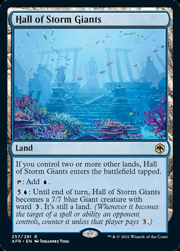 The "Hall of Storm Giants [Dungeons & Dragons: Adventures in the Forgotten Realms]" Magic: The Gathering card, inspired by *Dungeons & Dragons*, showcases an underwater ruin bathed in blue light. Coral and seaweed embellish the stone structures. This "Land" card features a blue mana symbol and can generate blue mana or transform into a giant creature.