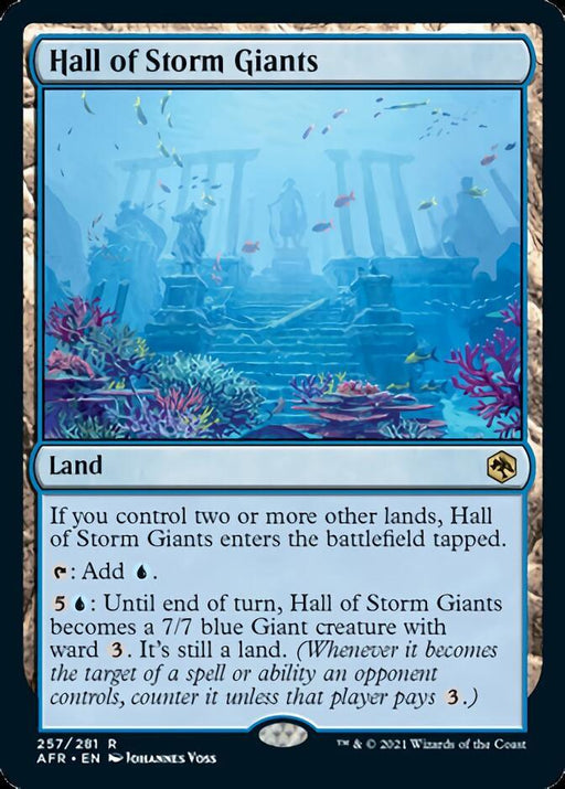 The "Hall of Storm Giants [Dungeons & Dragons: Adventures in the Forgotten Realms]" Magic: The Gathering card, inspired by *Dungeons & Dragons*, showcases an underwater ruin bathed in blue light. Coral and seaweed embellish the stone structures. This "Land" card features a blue mana symbol and can generate blue mana or transform into a giant creature.