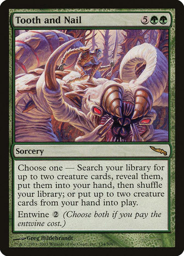 A Magic: The Gathering product named Tooth and Nail [Mirrodin] from the Mirrodin set. It shows a green sorcery card with cost 5GG. The image depicts a warrior riding a large, tusked white beast. The text describes the card’s abilities: searching your library for creatures, revealing them, and playing them or putting creatures from your hand into play. This rare card is