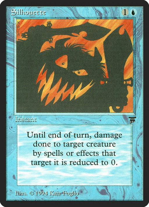 A Magic: The Gathering trading card titled "Silhouette [Legends]" from the Legends series. The card features a blue border with an illustration of a shadowy, sinister creature with sharp teeth and claws in the center. It reads, "Until end of turn, prevent damage to target creature by spells or effects that target it." Illustrated by Kaja Foglio in 1994.