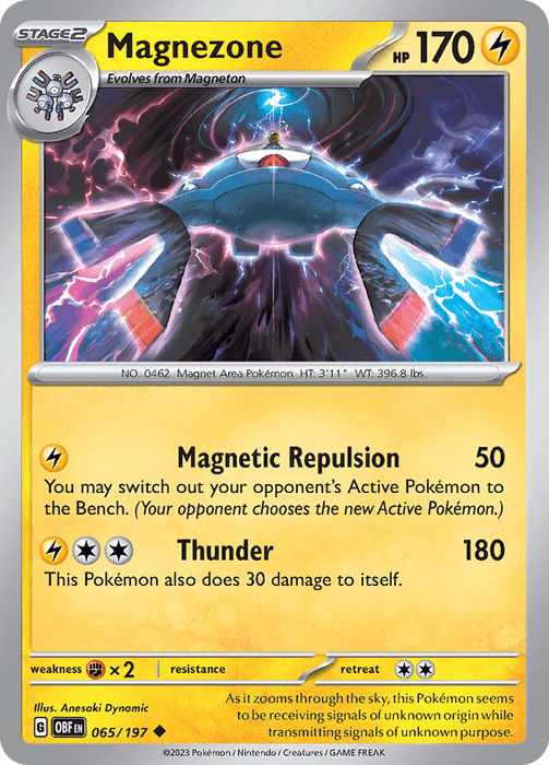 Image of a Magnezone (065/197) [Scarlet & Violet: Obsidian Flames] from the Pokémon series. Magnezone is a metallic, disc-shaped Pokémon with magnets. The card has 170 HP and two attacks: Magnetic Repulsion (50 damage) and Thunder (180 damage, with 30 damage to itself). The illustration includes Obsidian Flames details.