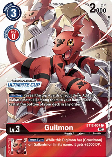 A Digimon card titled "Guilmon [BT12-007] (Ultimate Cup) [Across Time Promos]" from the Digimon series. This Promo card features a red dinosaur-like creature with white claws and a digital hazard symbol on its chest. It has 2000 DP, Lv.3, and costs 3 to play. Text and icons illustrate its abilities and effects.