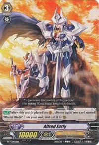 A Promo Rare trading card featuring a white-armored Royal Paladin knight holding a sword and shield against a vibrant orange sky. The card text describes the knight as Alfred Early (PR/0005EN) [Promo Cards], a Grade 3 unit with specific abilities. In the background, another knight kneels. The card's power is marked as 10,000. This card is from Bushiroad.