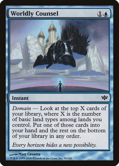 A Magic: The Gathering card titled "Worldly Counsel [Conflux]," illustrated by Matt Cavotta, showcases a figure standing before a fantastical Conflux with towering castles and floating rocks. An instant that costs 1 blue mana and 1 generic mana, it features the Domain mechanic.