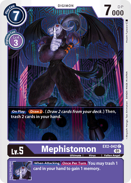 Image of a Digimon card titled Mephistomon [EX2-042] [Digital Hazard], showcasing a fallen angel adorned with wings, horns, and a purple mane set against digital patterns. This level 5 Digital Hazard card has a play cost of 7 and boasts 7000 DP. It features abilities such as 