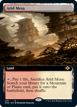 The image shows a Magic: The Gathering card named "Arid Mesa (Extended Art) [Modern Horizons 2]." The background depicts a desolate, rocky landscape. This rare card is classified as a "Land" and has an ability: Pay 1 life, Sacrifice Arid Mesa (Extended Art) [Modern Horizons 2]: Search your library for a Mountain or Plains card, put it onto the battlefield, then shuffle.