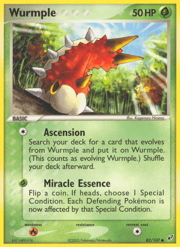 A Wurmple (82/107) [EX: Deoxys] card from the Pokémon set featuring Wurmple, a Bug-type with 50 HP. The illustration shows Wurmple with a white face, red body, and yellow spikes set in a vibrant green forest. The card, labeled 82/107 and released in 2005, includes the moves "Ascension" and "Miracle Essence." It has common rarity.