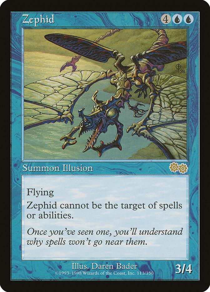 The Magic: The Gathering card "Zephid [Urza's Saga]" has a summoning cost of four colorless mana and two blue mana. This Illusion creature showcases an illustration of a flying blue entity with multiple wings, sharp claws, and an insect-like body. With a power/toughness of 3/4, it features the flying ability and cannot be the target of spells or abilities.