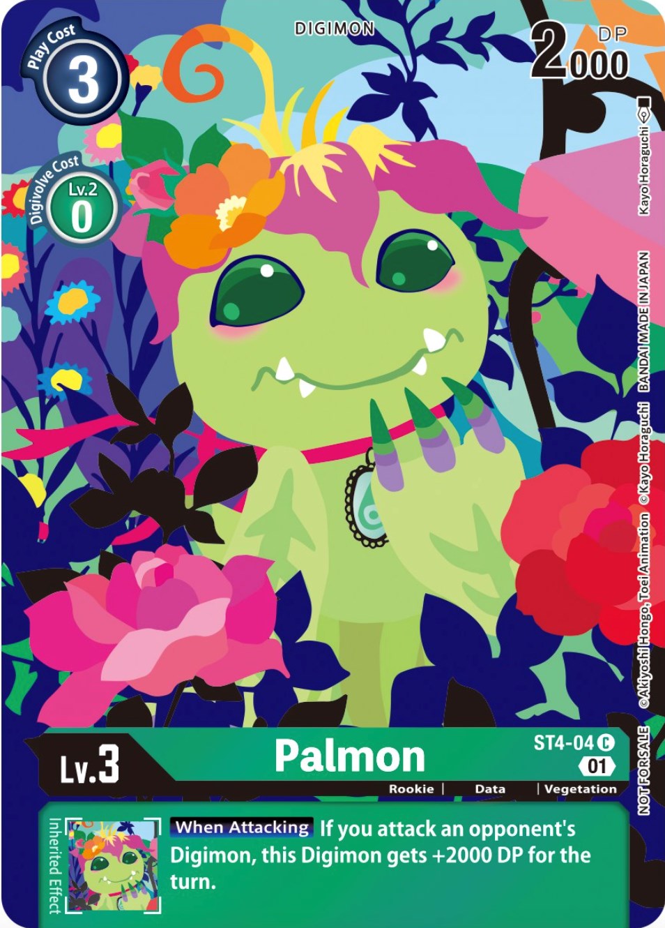 The digital card Palmon [ST4-04] from the Tamer's Card Set 2 Floral Fun, part of the Starter Deck: Giga Green Promos by Digimon, depicts a plant-like Digimon with vivid blue eyes and a pink flower on its head. This Lv. 3 card has a 