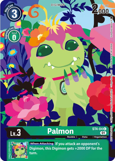 The digital card Palmon [ST4-04] from the Tamer's Card Set 2 Floral Fun, part of the Starter Deck: Giga Green Promos by Digimon, depicts a plant-like Digimon with vivid blue eyes and a pink flower on its head. This Lv. 3 card has a "Play Cost" of 3 and offers "2000 DP." In addition, it provides an extra +2000 DP when attacking an opponent's Digimon.