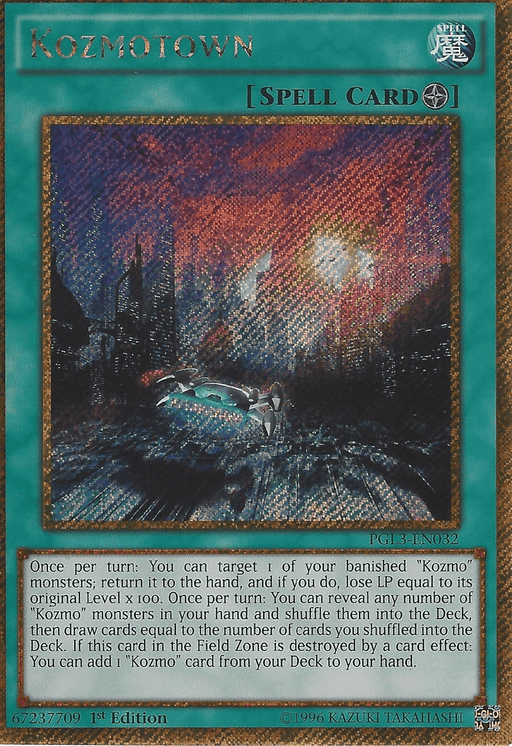 A Yu-Gi-Oh! card titled "Kozmotown [PGL3-EN032] Gold Secret Rare" with blue borders and the text "Field Spell" at the top. The holographic illustration depicts a futuristic, vibrant cityscape with towering buildings and lights. As a Gold Secret Rare, its detailed card text below describes the card's effects and usage.