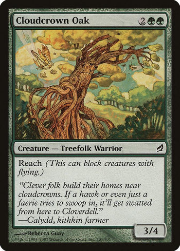 The fantasy card "Cloudcrown Oak [Lorwyn]" by Magic: The Gathering depicts a magnificent Treefolk Warrior, characterized by an impressive anthropomorphic oak tree with extensive branches and vibrant greenery. This card displays a green banner that states "Creature — Treefolk Warrior," featuring the ability "Reach" and showcasing a strength/toughness of 3/4.