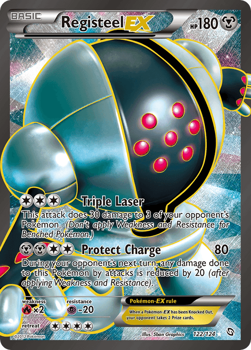 A Pokémon Registeel EX (122/124) [Black & White: Dragons Exalted] from the Dragons Exalted series featuring Registeel-EX with 180 HP. This Ultra Rare card has moves "Triple Laser," dealing 30 damage to 3 opponent's Pokémon, and "Protect Charge," dealing 80 damage while reducing incoming damage by 20 during the next turn. Weakness: Fire; Resistance: Psychic. Card number: 122/124.
