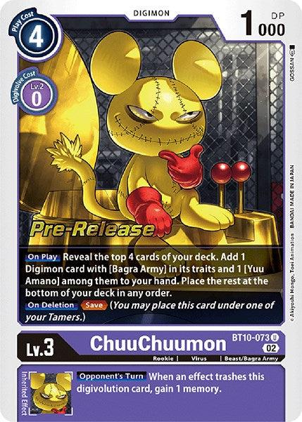 A Digimon trading card featuring ChuuChuumon [BT10-073] [Xros Encounter Pre-Release Cards]. The card displays a menacing yellow mouse-like creature with patchwork details, red eyes, and a sinister grin. It has a blue border at the top and purple at the bottom. Text details its abilities, with 