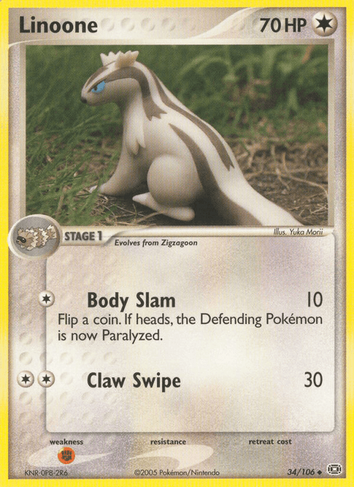 A Pokémon trading card of Linoone (34/106) [EX: Emerald] from the Pokémon series. The card shows a small, ferret-like Pokémon with a sleek, white body and brown stripes along its back. This Colorless type has 70 HP and two moves: "Body Slam" which does 10 damage and can paralyze the opponent, and "Claw Swipe" which inflicts 30 damage.
