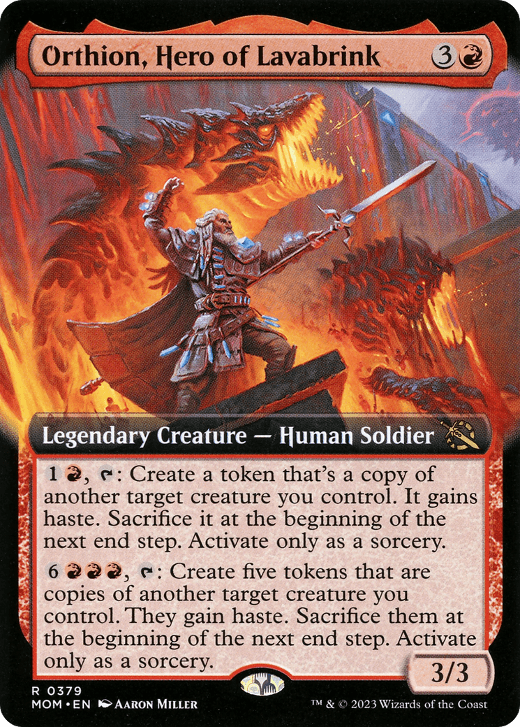 A rare Magic: The Gathering card depicting Orthion, Hero of Lavabrink (Extended Art) [March of the Machine]. Orthion is a bearded, armored man wielding a flaming sword, standing on a rocky outcrop surrounded by flowing lava and fire. The legendary creature, categorized as a Human Soldier with power/toughness 3/3, has an ability to create tokens.