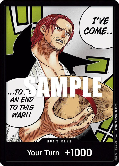 A trading card showcases a muscular man with red hair, holding a straw hat against his chest. With a serious expression, he declares in comic-style speech bubbles, "I've come to put an end to this war!!" The card's bottom reads "Your Turn +1000," referencing the Paramount War arc. "SAMPLE" is overlaid on the card. The product is the DON!! Card (Paramount War Exclusive) [Paramount War] by Bandai.