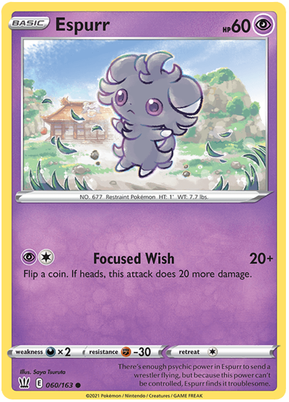 The image depicts a **Pokémon** trading card of **Espurr (060/163) [Sword & Shield: Battle Styles]**. Espurr is a small psychic-type Pokémon with a feline appearance, gray fur, large blue eyes, and small pink pads on its feet. The card has an HP of 60 and features the move 