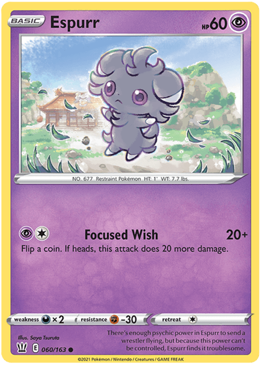 The image depicts a **Pokémon** trading card of **Espurr (060/163) [Sword & Shield: Battle Styles]**. Espurr is a small psychic-type Pokémon with a feline appearance, gray fur, large blue eyes, and small pink pads on its feet. The card has an HP of 60 and features the move "Focused Wish." It has a purple-colored border and a #060/163 identifier.