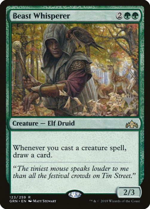 Magic: The Gathering card titled "Beast Whisperer (Promo Pack) [Guilds of Ravnica Promos]." This card features artwork of an Elf Druid with a hood, gently holding a bird, surrounded by a forest with deer in the background. The creature card costs 2 green and 2 colorless mana and has the ability to draw a card whenever a creature spell is cast.